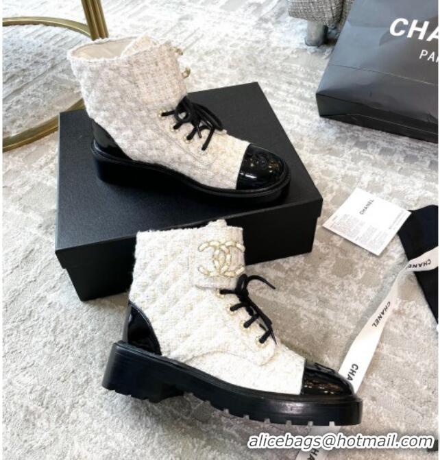 Discount Chanel Tweed Lace-ups Ankle Boots G36424 White