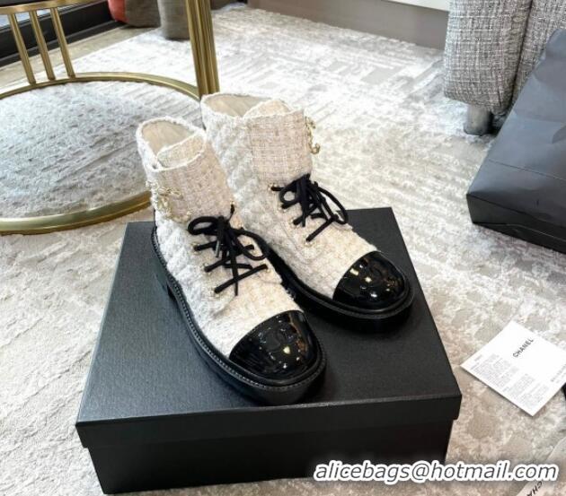 Discount Chanel Tweed Lace-ups Ankle Boots G36424 White