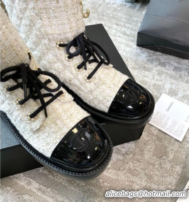 Discount Chanel Tweed Lace-ups Ankle Boots G36424 White