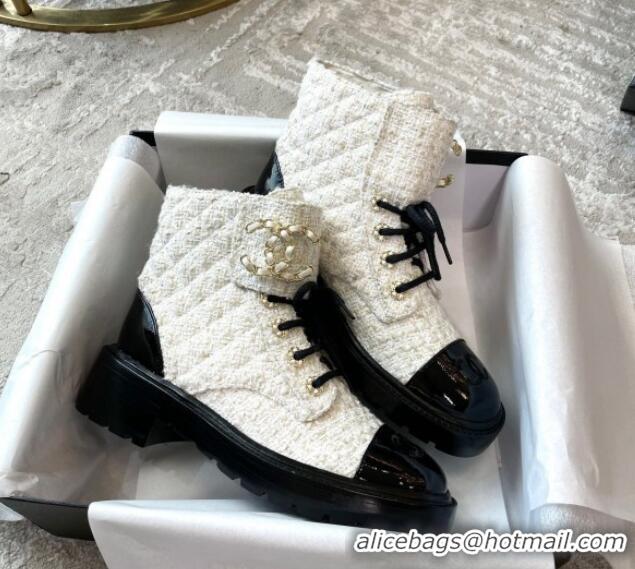 Discount Chanel Tweed Lace-ups Ankle Boots G36424 White