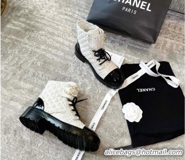 Discount Chanel Tweed Lace-ups Ankle Boots G36424 White