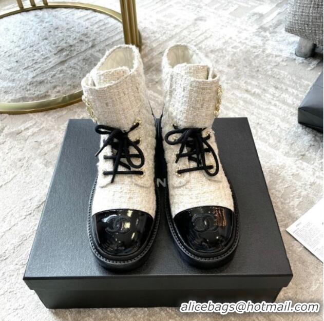 Discount Chanel Tweed Lace-ups Ankle Boots G36424 White