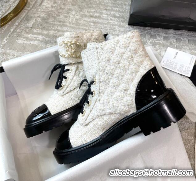 Discount Chanel Tweed Lace-ups Ankle Boots G36424 White