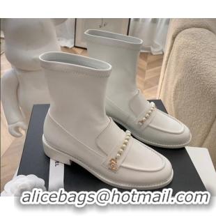 Top Design Chanel Leather Pearl Ankle Boots 092709 White