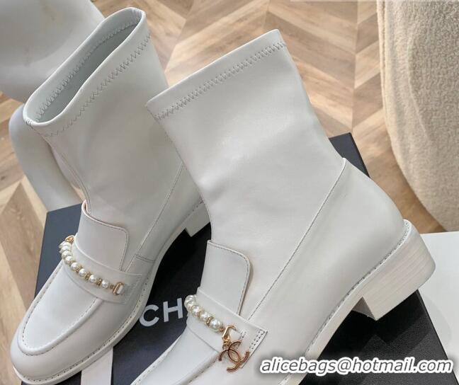 Top Design Chanel Leather Pearl Ankle Boots 092709 White