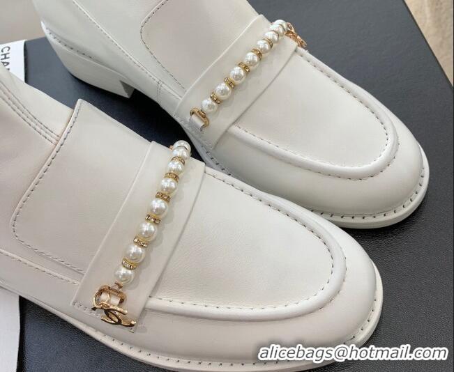 Top Design Chanel Leather Pearl Ankle Boots 092709 White