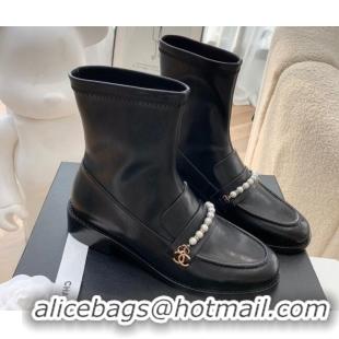 Popular Chanel Leather Pearl Ankle Boots 092709 Black