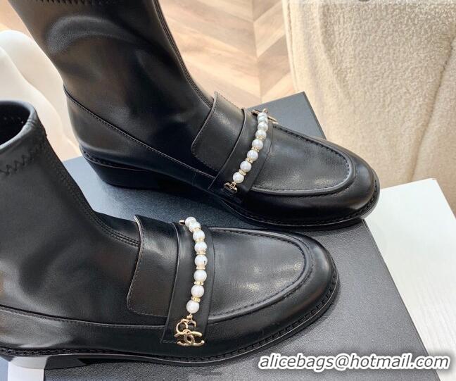 Popular Chanel Leather Pearl Ankle Boots 092709 Black