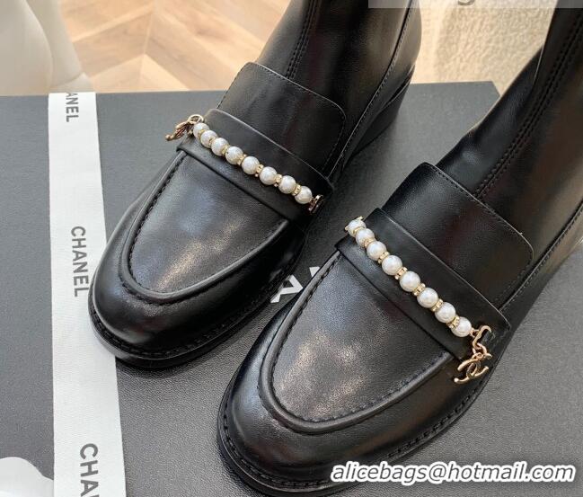 Popular Chanel Leather Pearl Ankle Boots 092709 Black