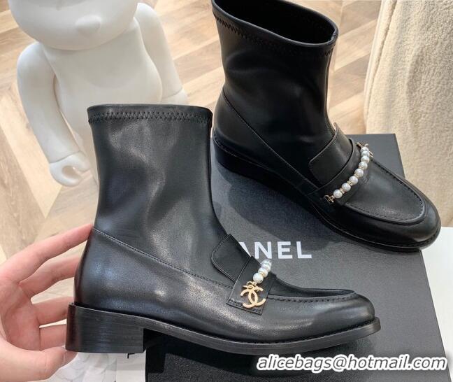 Popular Chanel Leather Pearl Ankle Boots 092709 Black