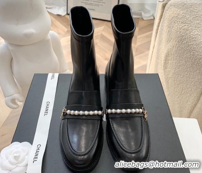 Popular Chanel Leather Pearl Ankle Boots 092709 Black