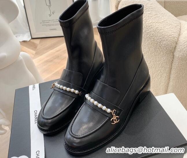 Popular Chanel Leather Pearl Ankle Boots 092709 Black