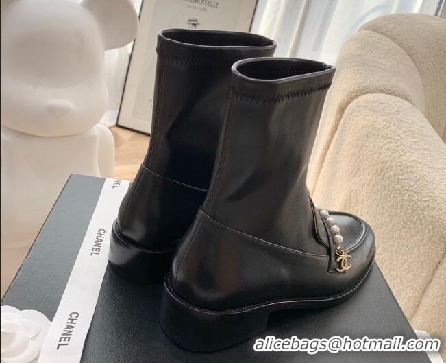 Popular Chanel Leather Pearl Ankle Boots 092709 Black