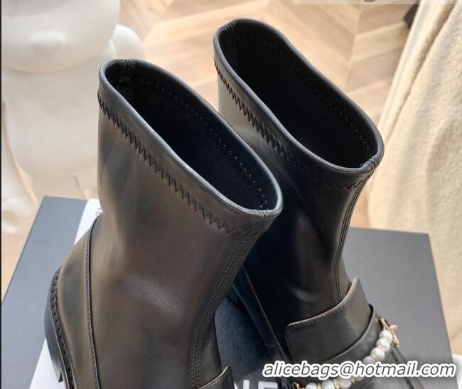 Popular Chanel Leather Pearl Ankle Boots 092709 Black