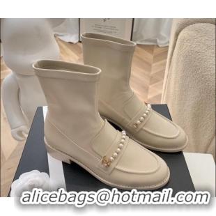 Discount Chanel Leather Pearl Ankle Boots 092709 Apricot