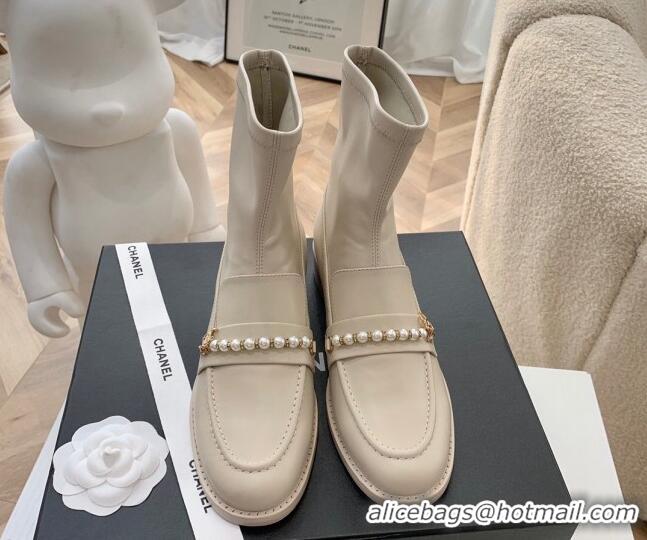 Discount Chanel Leather Pearl Ankle Boots 092709 Apricot