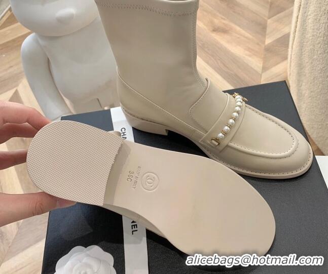 Discount Chanel Leather Pearl Ankle Boots 092709 Apricot