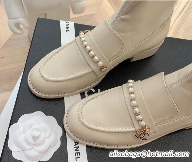 Discount Chanel Leather Pearl Ankle Boots 092709 Apricot