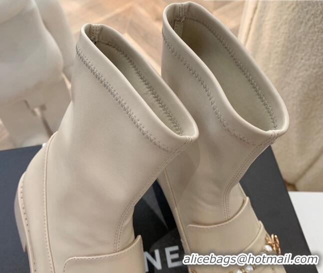 Discount Chanel Leather Pearl Ankle Boots 092709 Apricot