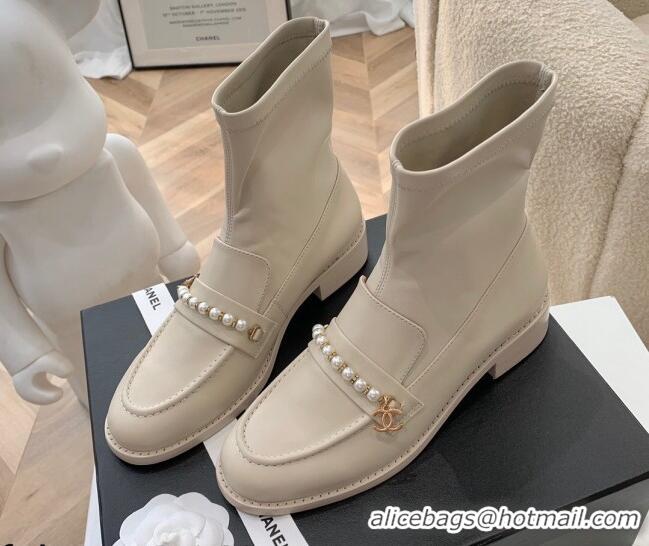 Discount Chanel Leather Pearl Ankle Boots 092709 Apricot