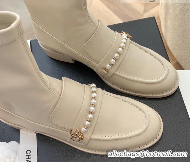 Discount Chanel Leather Pearl Ankle Boots 092709 Apricot