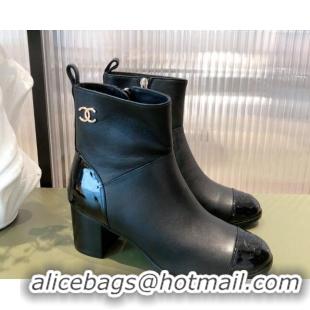 Perfect Chanel Calfskin and Patent Leather Ankle Boots 092723 Black