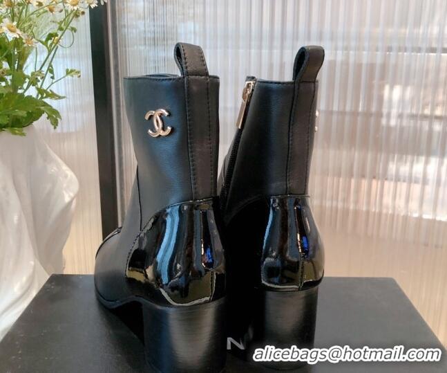 Perfect Chanel Calfskin and Patent Leather Ankle Boots 092723 Black