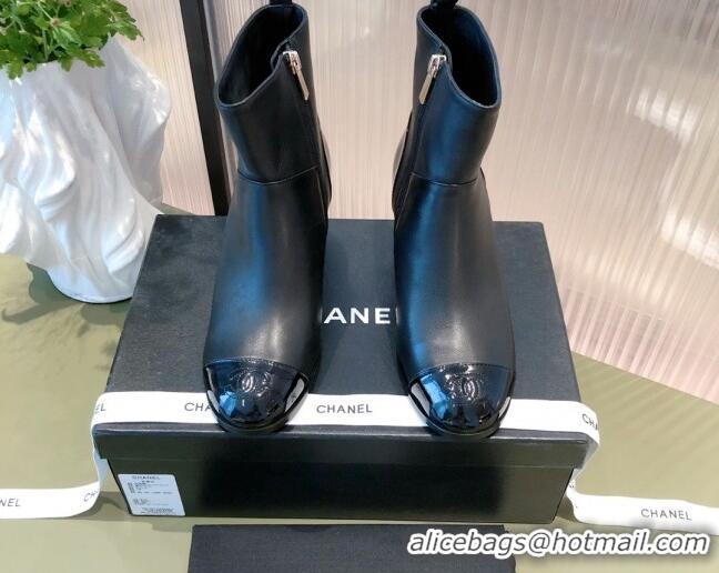 Perfect Chanel Calfskin and Patent Leather Ankle Boots 092723 Black