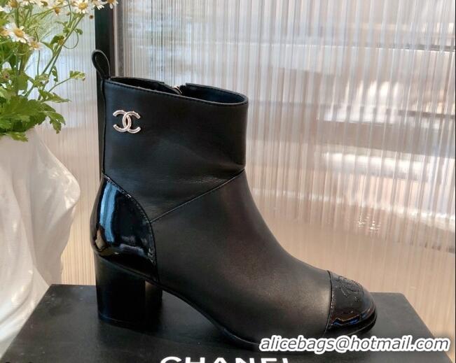 Perfect Chanel Calfskin and Patent Leather Ankle Boots 092723 Black