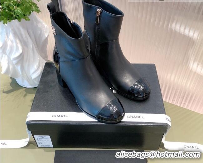 Perfect Chanel Calfskin and Patent Leather Ankle Boots 092723 Black