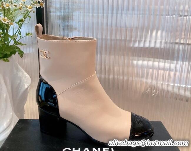 Good Product Chanel Calfskin and Patent Leather Ankle Boots 092723 Apricot