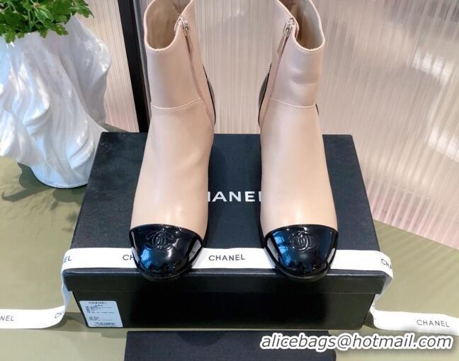 Good Product Chanel Calfskin and Patent Leather Ankle Boots 092723 Apricot