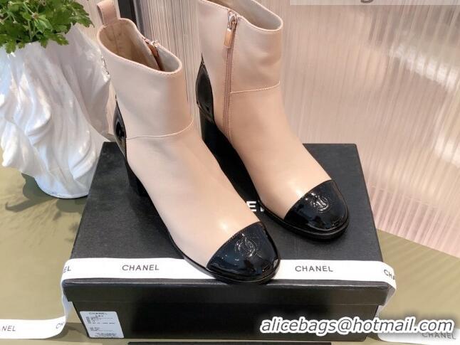 Good Product Chanel Calfskin and Patent Leather Ankle Boots 092723 Apricot