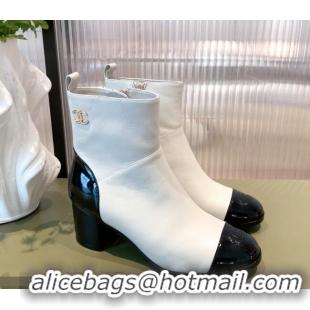 Charming Chanel Calfskin and Patent Leather Ankle Boots 092723 White