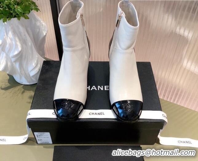 Charming Chanel Calfskin and Patent Leather Ankle Boots 092723 White