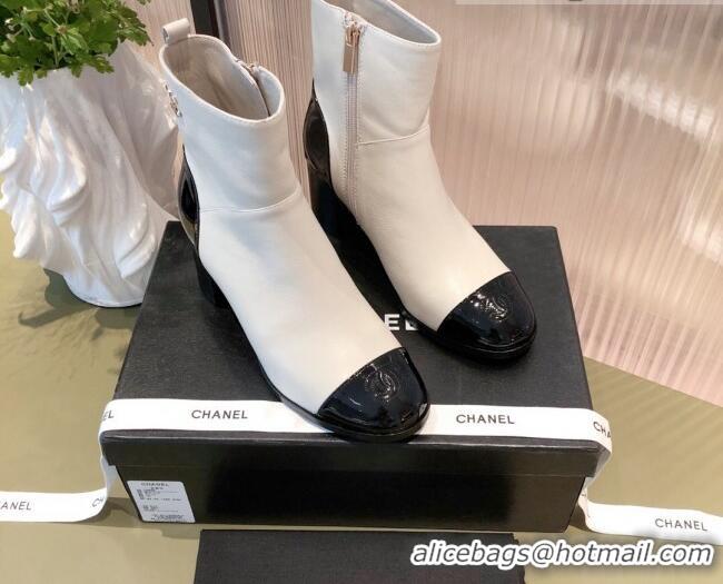 Charming Chanel Calfskin and Patent Leather Ankle Boots 092723 White