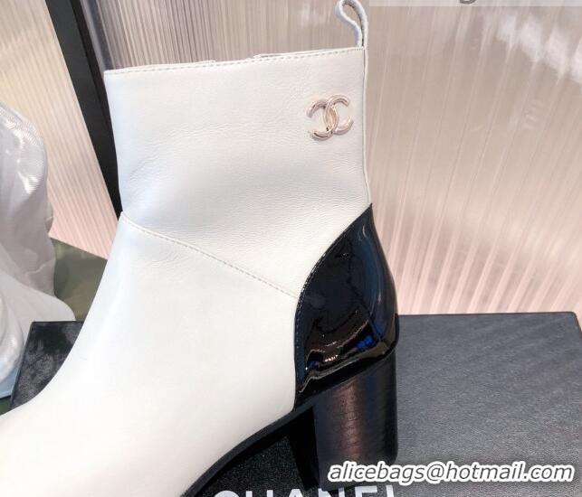 Charming Chanel Calfskin and Patent Leather Ankle Boots 092723 White