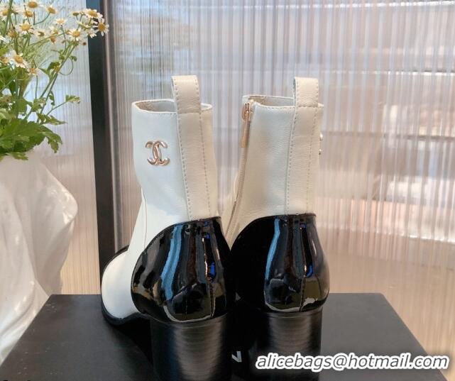 Charming Chanel Calfskin and Patent Leather Ankle Boots 092723 White