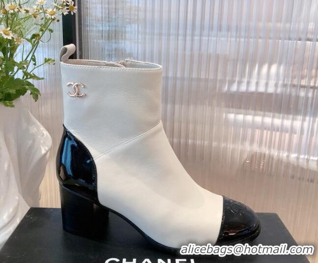 Charming Chanel Calfskin and Patent Leather Ankle Boots 092723 White