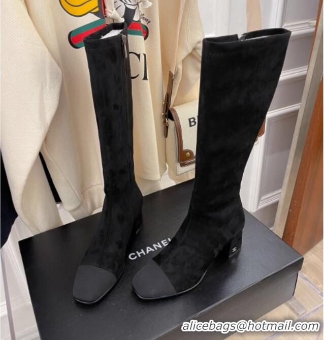 Best Price Chanel Suede Calf-High Boots 5cm Black 111045