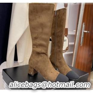 Good Looking Chanel Suede Calf-High Boots 5cm 111045 Brown