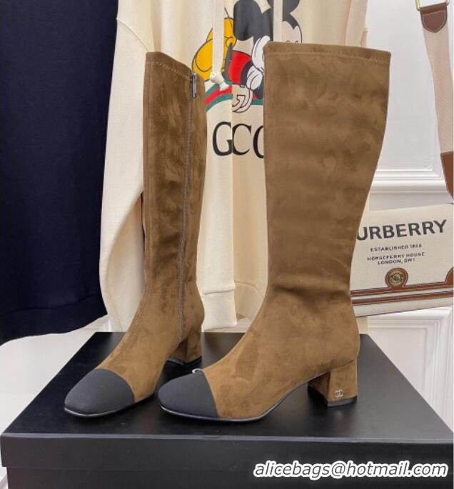 Good Looking Chanel Suede Calf-High Boots 5cm 111045 Brown