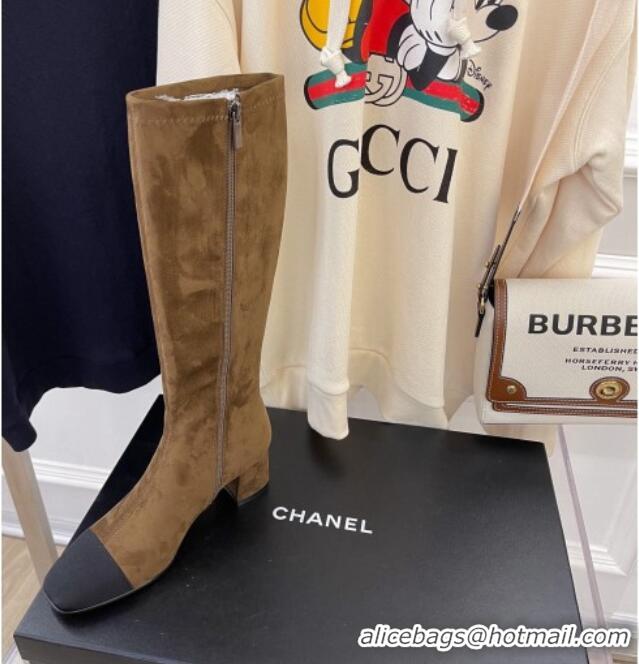 Good Looking Chanel Suede Calf-High Boots 5cm 111045 Brown