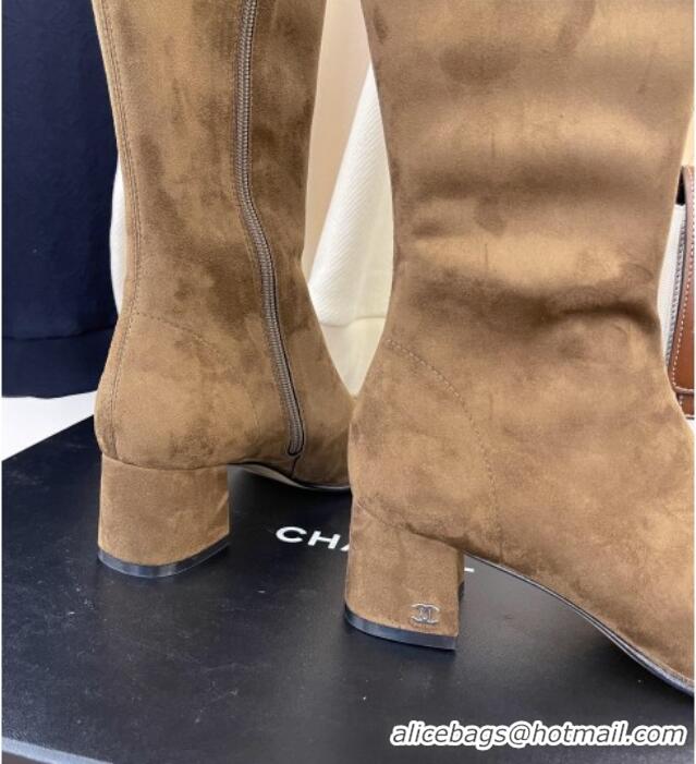 Good Looking Chanel Suede Calf-High Boots 5cm 111045 Brown