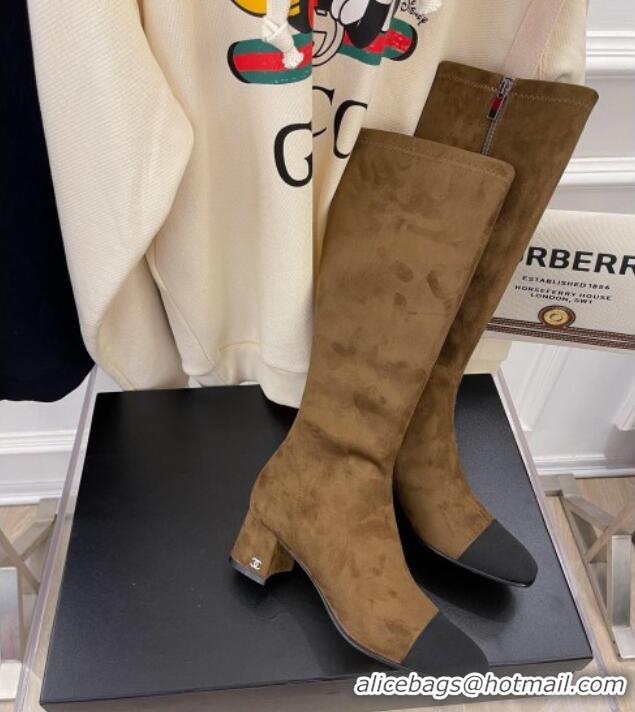 Good Looking Chanel Suede Calf-High Boots 5cm 111045 Brown