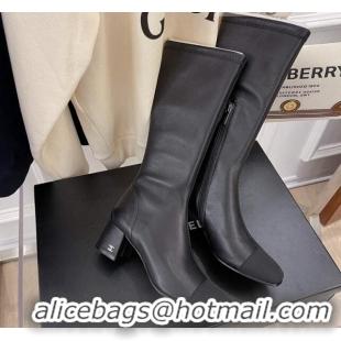 Pretty Style Chanel Leather & Grosgrain Calf-High Boots 5cm 111047 Black