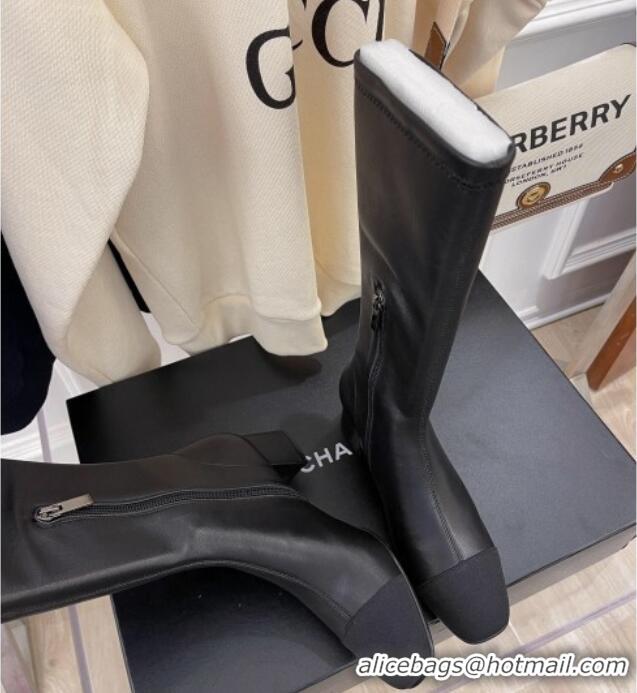 Pretty Style Chanel Leather & Grosgrain Calf-High Boots 5cm 111047 Black