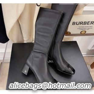 Sumptuous Chanel Calfskin & Patent Leather Calf-High Boots 5cm 111048 Black