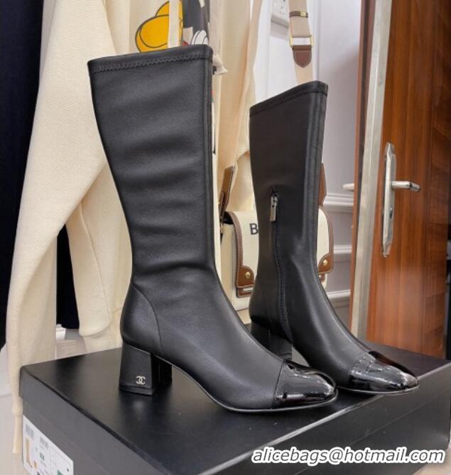 Sumptuous Chanel Calfskin & Patent Leather Calf-High Boots 5cm 111048 Black