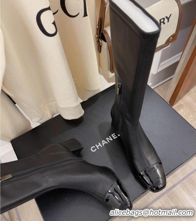 Sumptuous Chanel Calfskin & Patent Leather Calf-High Boots 5cm 111048 Black